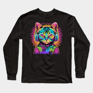 t-shirt design, colorful cat with headphones on, graffiti art psychedelic art, black background, synthwave, colorful Long Sleeve T-Shirt